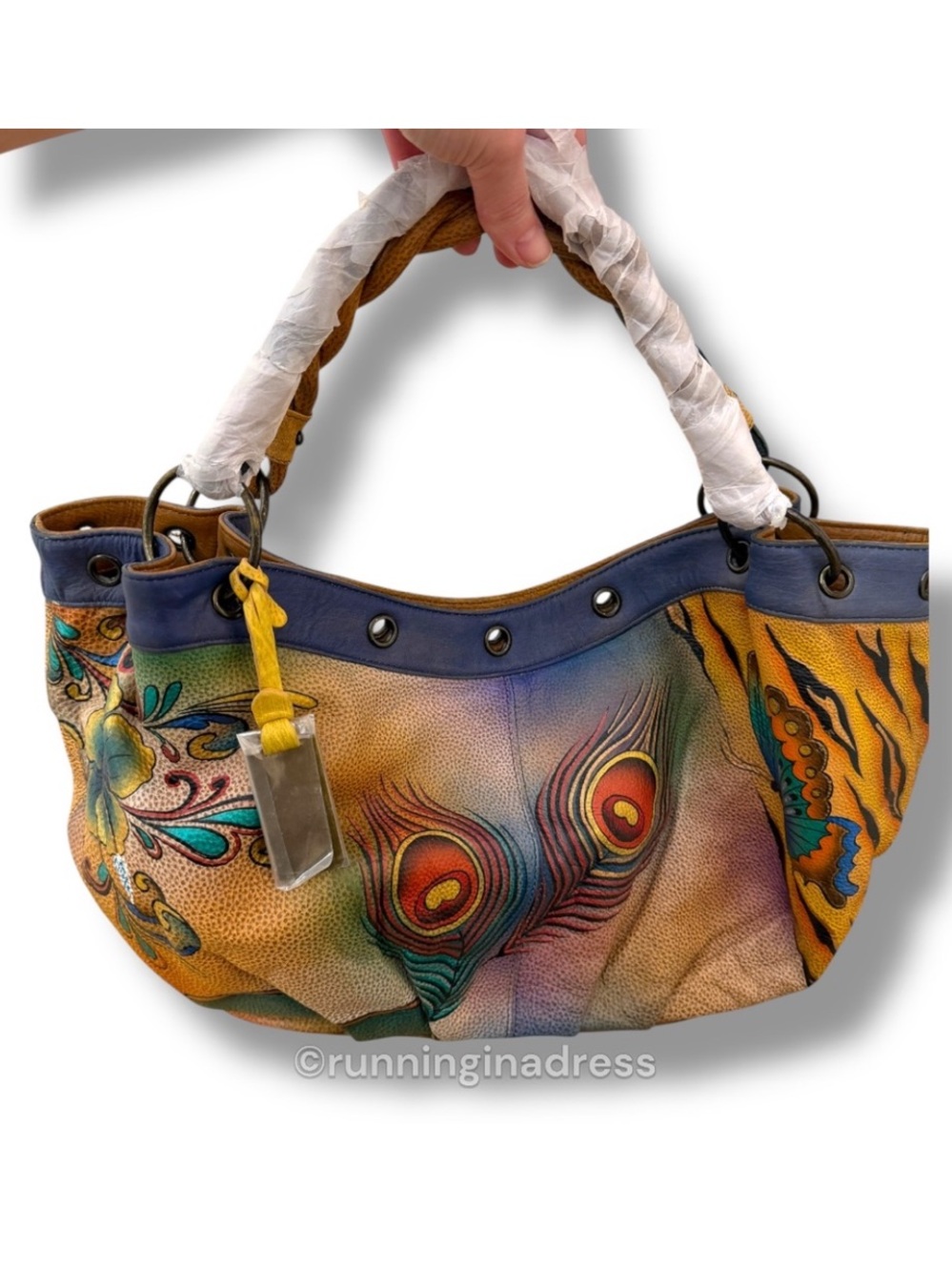 NWT Premium Anuschka Hand Painted Leather Collage S.M.D.C Hobo Peacock Butterfly - Picture 2 of 16